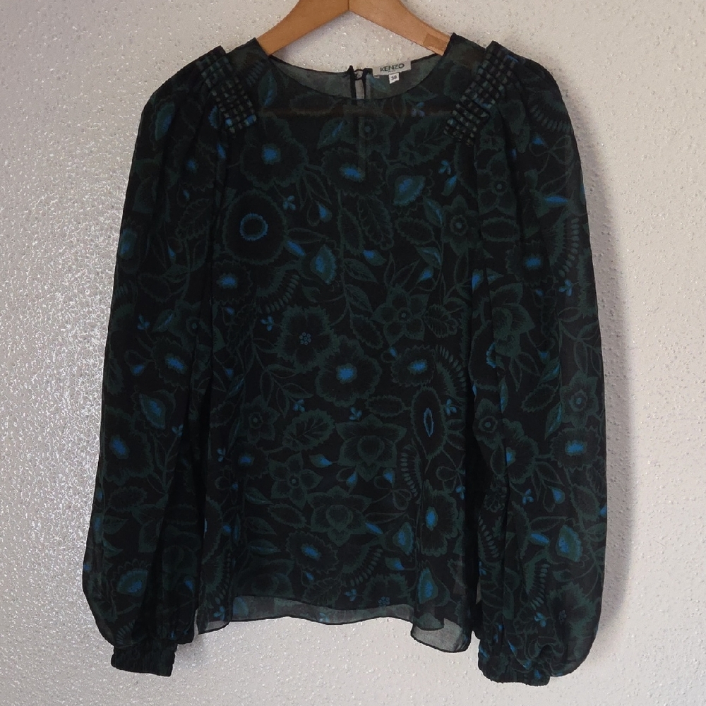 Kenzo Black Floral Blouse with Teal Accents